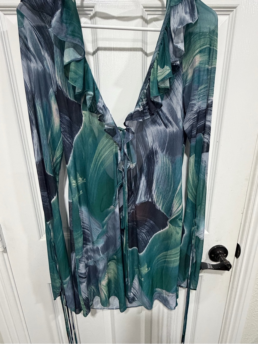 Miss Lola Teal & Gray Ruffle V-Neck Tie-Front Swim Coverup